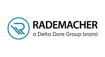 Das Rademacher-Logo mit blauem Kreis und stilisiertem „R“, daneben Text: „RADEMACHER a Delta Dore Group brand“.